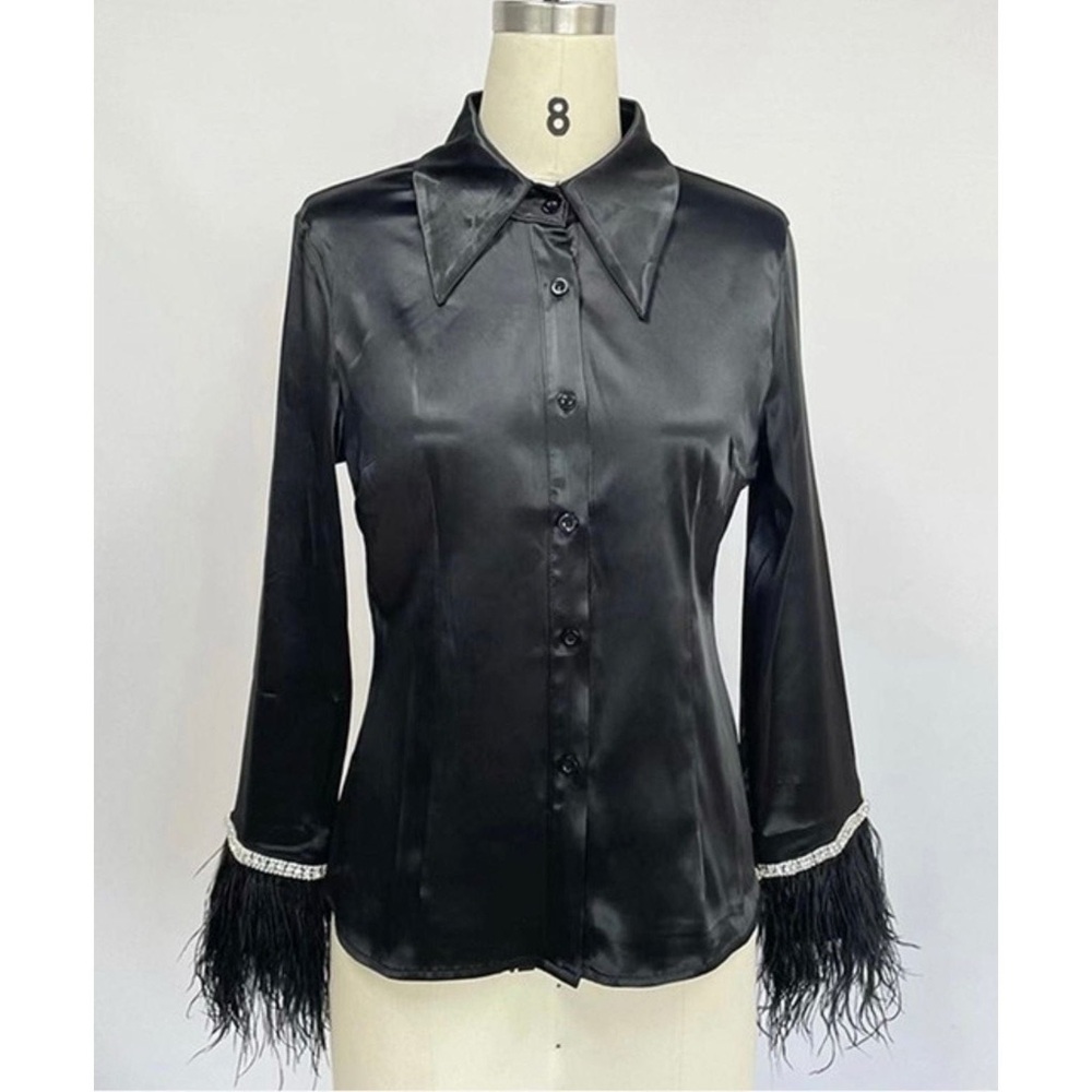 Elegant Black Satin Feather Cuff Blouse